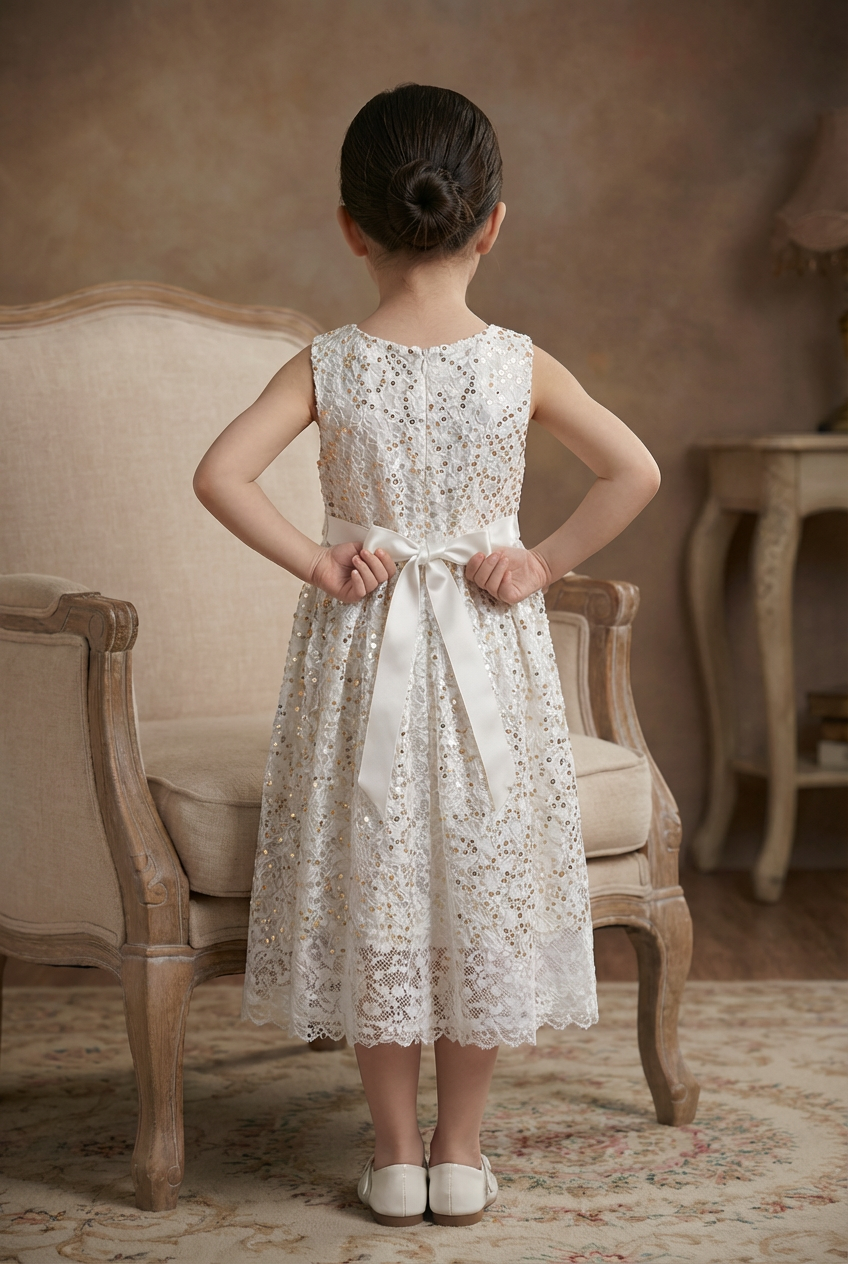 Elegant White Lace Party Dress for Baby Girls – Gold Sequin Bodice, Sleeveless | The Ultimate Special Occasion Outfit.