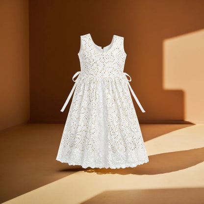 Elegant White Lace Party Dress for Baby Girls – Gold Sequin Bodice, Sleeveless | The Ultimate Special Occasion Outfit.