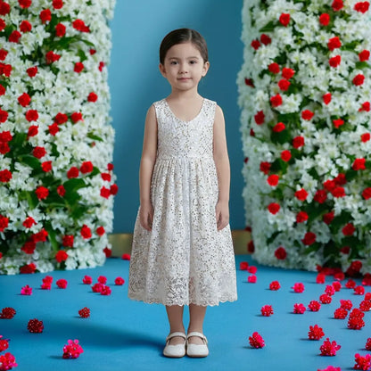 Elegant White Lace Party Dress for Baby Girls – Gold Sequin Bodice, Sleeveless | The Ultimate Special Occasion Outfit.