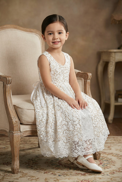Elegant White Lace Party Dress for Baby Girls – Gold Sequin Bodice, Sleeveless | The Ultimate Special Occasion Outfit.