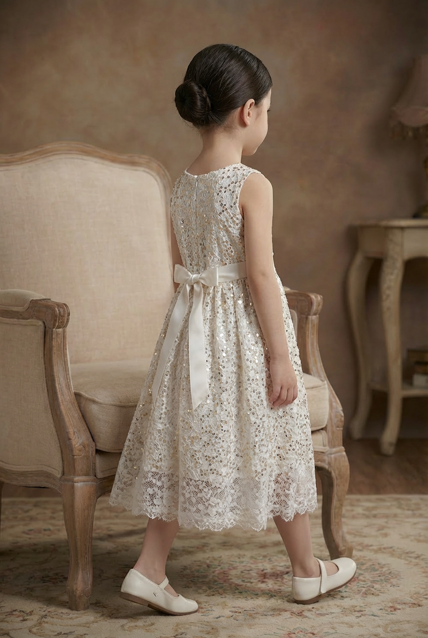 Elegant White Lace Party Dress for Baby Girls – Gold Sequin Bodice, Sleeveless | The Ultimate Special Occasion Outfit.