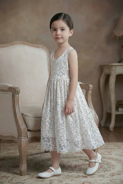 Elegant White Lace Party Dress for Baby Girls – Gold Sequin Bodice, Sleeveless | The Ultimate Special Occasion Outfit.