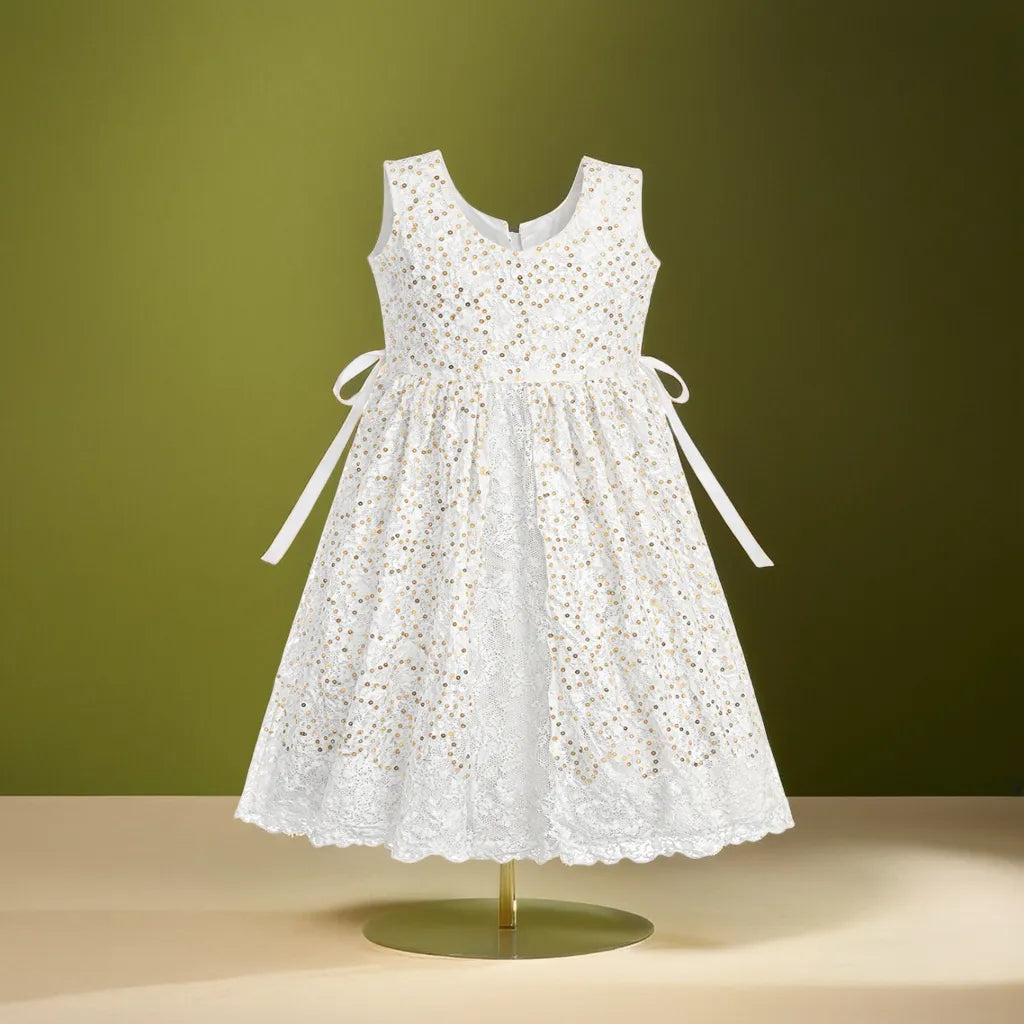 Elegant White Lace Party Dress for Baby Girls – Gold Sequin Bodice, Sleeveless | The Ultimate Special Occasion Outfit.