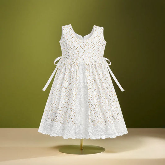 Elegant White Lace Party Dress for Baby Girls – Gold Sequin Bodice, Sleeveless | The Ultimate Special Occasion Outfit.