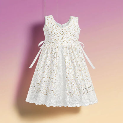Elegant White Lace Party Dress for Baby Girls – Gold Sequin Bodice, Sleeveless | The Ultimate Special Occasion Outfit.
