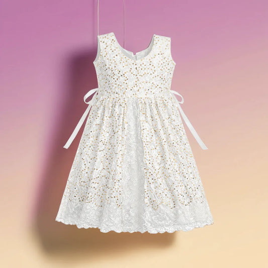 Elegant White Lace Party Dress for Baby Girls – Gold Sequin Bodice, Sleeveless | The Ultimate Special Occasion Outfit.